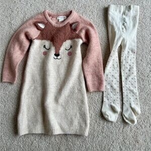 Primark Kids Pink & Cream Fox Knit Dress with Cream Polka Tights